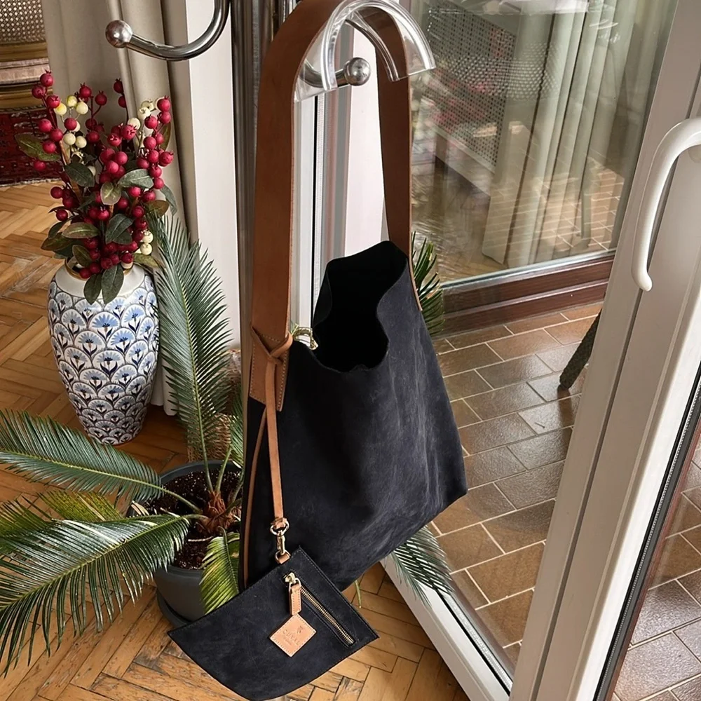 Navy Blue Suede Hobo Shoulder Bag with Tan Strap